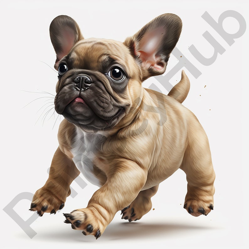 May include: A fawn-colored French bulldog puppy with large, dark eyes and a pink tongue is running towards the camera with its ears perked up.