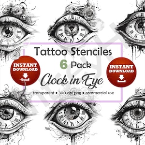 Clock in Eye Tattoo Stencil Bundle High Quality Images Graphics Printable Art No Background Transparent PNG Sketch for Tattoos