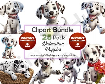May include: A digital clipart bundle of 25 Dalmatian puppies in various poses. The puppies are cartoon-style and have black spots on a white background. The text "Clipart Bundle 25 Pack Dalmatian Puppies" is displayed in the center of the image. The text "Instant Download" is displayed in two red circles with a download arrow icon.