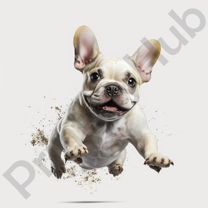 May include: A white French bulldog puppy with brown eyes and a black nose jumps in the air with its mouth open and tongue out. The puppy is surrounded by brown dirt splatters.