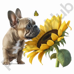 May include: A fawn-colored French bulldog puppy with brown eyes looks up at a large yellow sunflower with a yellow butterfly flying above it.
