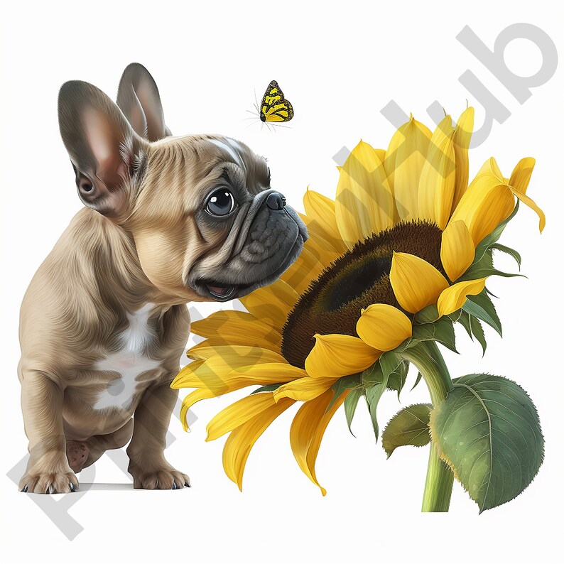 May include: A fawn-colored French bulldog puppy with brown eyes looks up at a large yellow sunflower with a yellow butterfly flying above it.