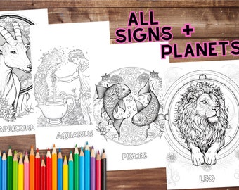 Zodiac Coloring Book Learn Astrology -50 Pages- 22 Colorable Art Horoscope Psychedelic Trippy Magical Witchy Relaxing Printable Adult Teen