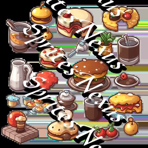 May include: A collection of cartoon-style illustrations of various food items, including burgers, cakes, pastries, and drinks. The image features a variety of colors and textures, with a focus on the details of each food item. The overall theme is a food-related illustration.