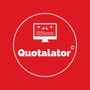 Könnte beinhalten: Weißes Logo auf rotem Hintergrund mit einem Kreis darum. Das Logo zeigt einen Computermonitor mit vier Tortendiagrammen und dem Text "Quotalator" mit einem Copyright-Symbol.