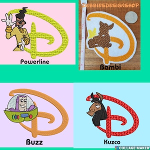 May include: Four embroidered patches featuring Disney characters: Powerline, Bambi, Buzz, and Kuzco. Each patch has a character image within a stylized letter "D" design. The Powerline patch is yellow and black, Bambi is brown and white, Buzz is green and purple, and Kuzco is brown and red.