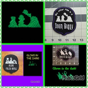 May include: A collection of black patches with white and green embroidered designs. One patch reads "My other ride is a Doom Buggy." Another says "Welcome Foolish Mortals." Some designs glow in the dark.