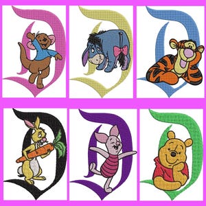 May include: Six machine embroidery designs featuring the letter D in various colors, each paired with a different character: Roo in pink, Eeyore in yellow, Tigger in blue, Rabbit in black, Piglet in purple, and Winnie the Pooh in green.