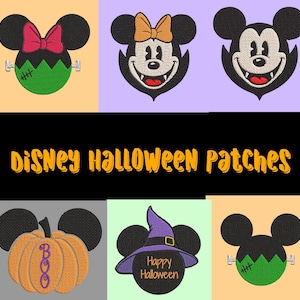 May include: A collection of embroidered patches featuring Disney characters in Halloween themes, including a Frankenstein-style mouse, a vampire mouse, a pumpkin with mouse ears, and a mouse wearing a witch hat with the text Happy Halloween.
