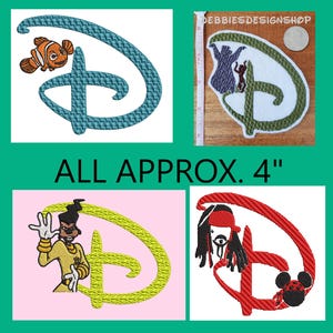 May include: Four embroidered patches featuring the letter D in various colors and character themes. One patch shows a clownfish, another a purple silhouette, one a yellow cartoon character, and one a pirate figure with a mouse ear icon. All approx. 4 inches.