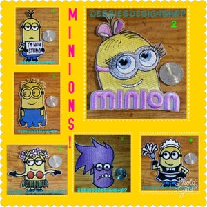 May include: A set of ten embroidered iron-on patches featuring different variations of the popular animated character, the Minion. The patches are yellow, blue, purple, and white. The patches feature the text "I'm with Stupid" and "Minion".