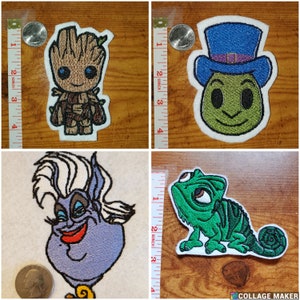 May include: Four embroidered iron-on patches featuring popular cartoon characters. The patches are on a wooden surface. The characters are: Groot from Guardians of the Galaxy, a green frog with a blue top hat, Ursula from The Little Mermaid, and a green chameleon.