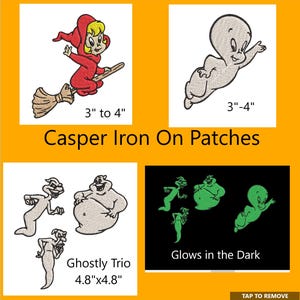 May include: Embroidered iron-on patches featuring Casper the Friendly Ghost and related characters. Includes a witch riding a broom, a ghostly trio, and a glowing-in-the-dark set. Sizes range from 3 to 4 inches and 4.8 x 4.8 inches.