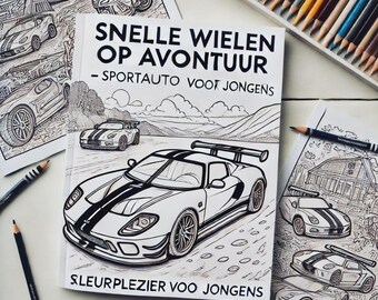 Könnte beinhalten: Ein Schwarzweiß-Malbuch mit dem Titel "Snelle wielen op avontuur - Sportauto voor jongens" und dem Text "Sleurplezier voor jongens". Das Cover zeigt eine Zeichnung eines Sportwagens.