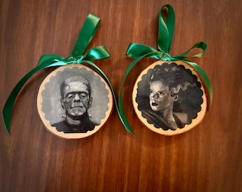Bride of Frankenstein and Frankensteins Monster set Wooden Ornaments