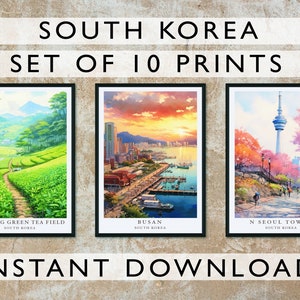 Arte de Corea del Sur, Conjunto de 10 impresiones digitales, Ilustración de la naturaleza, Impresión de arte de decoración del hogar, Póster de descarga digital, Conjunto de paisajes de acuarela
