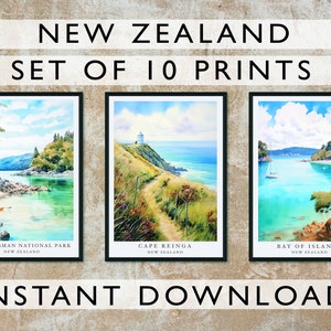New Zealand Art, Set of 10 Digital Prints, Nature Illustration, Home Decor Art Print, Digital Download Poster, Watercolor Landscape Set