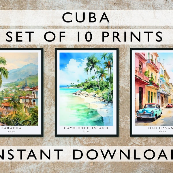 Cuba Art, Set of 10 Digital Prints, Nature Illustration, Home Decor Art Print, Digital Download Poster, Watercolor Landscape Set