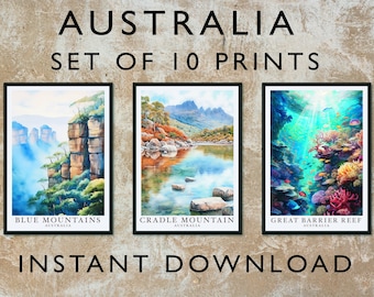 Australia Art, Set of 10 Digital Prints, Nature Illustration, Home Decor Art Print, Digital Download Poster, Watercolor Landscape Set