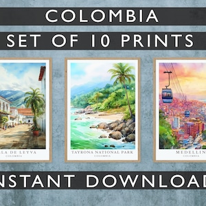 Arte Colombia, Set di 10 stampe digitali, Illustrazione della natura, Stampa artistica per la casa, Poster per il download digitale, Set di paesaggi ad acquerello