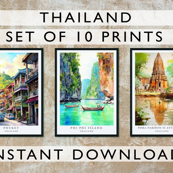 Thailand Art, Set of 10 Digital Prints, Nature Illustration, Home Decor Art Print, Digital Download Poster, Watercolor Landscape Set