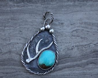 Sterling Silver Pendant with Turquoise and Hand-Engraved Elk Shed One-of-One Western & Hunting Jewelry Cowboy Cowgirl Outdoorsman NFR Style