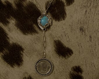 Buffalo Nickel Turquoise Lariat Necklace, Handmade Sterling Western Jewelry