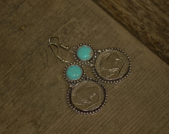Buffalo Nickel Turquoise Earrings, Handmade Sterling Western Dangle Earrings