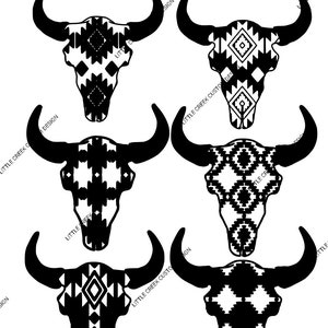 May include: Six black and white bull skull silhouettes with geometric patterns. The skulls are arranged in two rows of three. The patterns are reminiscent of Native American designs.