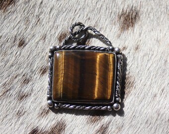 Sterling Silver Tiger’s Eye Pendant – Western Cowgirl Jewelry | NFR Rodeo Accessory | Handmade Rustic Necklace Charm (Pendant Only)