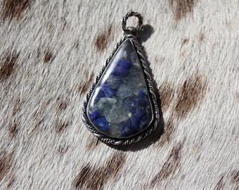 Western Blue Stone Pendant — Sterling Silver Crushed Aquamarine & Lapis Lazuli Pendant for Cowgirls, Rodeo, Ranchwear, NFR, Western Jewelry