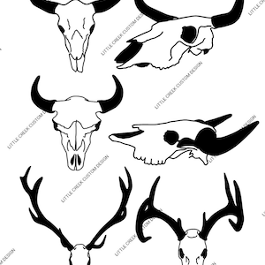May include: Five black and white silhouette images of animal skulls. The skulls are of a bull, a deer, and a cow. The images are on a white background.