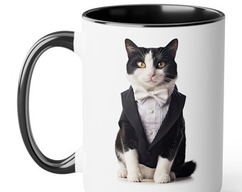 Tuxedo Cat in a Tuxedo - funny cat coffee mug, featuring a cat in an actual tuxedo. Great gift for men or women who love cats and wordplay!