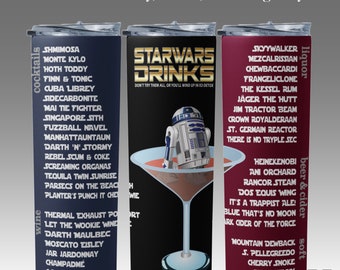 StarWarsDrinks skinny tumbler, insulated stainless steel 20 or 30 oz funny parody of drinks in a sci-fi universe, cocktails beer wine liquor