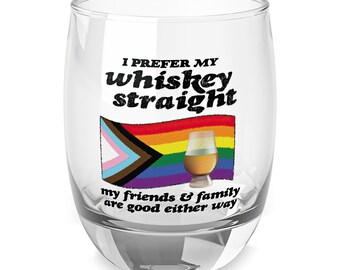 Funny Progress Pride flag whiskey glass, 6oz - show support for the LGBTQ+ community while enjoying your favorite drink!