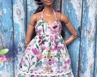 Doll Floral Dress, 1/6 Scale Fashion Clothes, 11.5 inch Doll Flowered Dress, Handmade Doll Clothing, Doll Fashion Outfit, Gift for Her