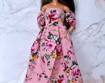 Doll Floral Dress Handmade for Doll Fashion Dress 1/6 Scale Handmade Clothes for Doll Long Dress 1/6 Scale Doll Handmade Gift for Her