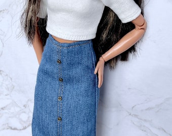 Jupe en jean pour poupée pour vêtements tendance, jupe à l'échelle 1/6 pour jeans tendance, tenue à l'échelle 1/6, vêtements pour poupée mode faits main, cadeau pour elle