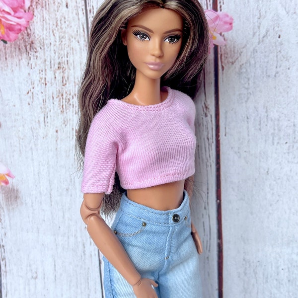 Doll Crop Top Handmade for Doll Jersey Top 1/6 Scale Handmade Clothes for Doll Pink Crop Top Handmade 1/6 Scale Doll Fashion Outfit Gift