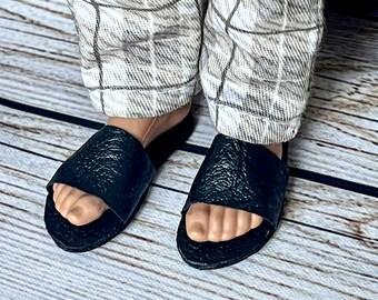 12 inch Doll Shoes Handmade Slide On Sandals 1/6 Scale Flip Flops for Doll Faux Leather Slippers 1/6 Scale Footwear Handmade Doll Clothes