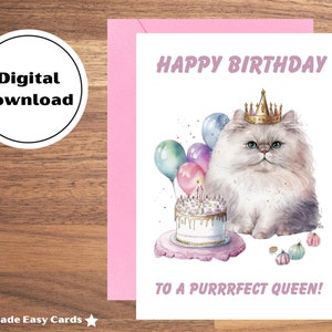 Printable Birthday Card, Cat Birthday Card, Birthday Card for Cat Lovers, Watercolor Art, Digital Birthday Card, Persian Cat Birthday Card
