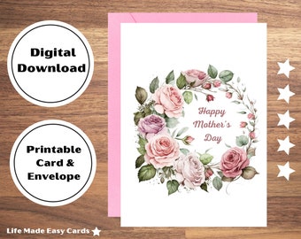 Mother's Day Card With Pink Tulips - Watercolor Greeting Card For Mom - Happy Mother's Day Floral Design, Folded Card With Envelope