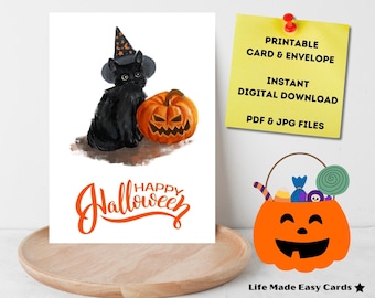 Happy Halloween Card | Greeting Card Halloween | Printable Card and Envelope | Watercolor Card | Black Cat Card | Pumpkin Card | Cute Card