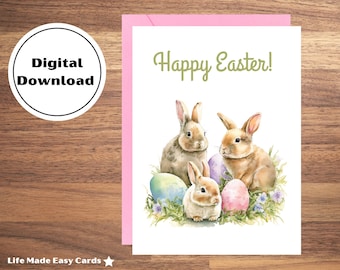 Printable Easter Bunny Greeting Card, Happy Easter Printable Card, Cute Bunny Card, Watercolor, Easter Eggs, Easter Digital Card, Bunnies