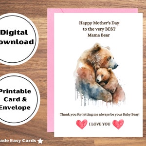 Cartão de Dia das Mães para impressão, Cartão de Dia das Mães Digital, Cartão de Dia das Mães Mamãe Urso, Urso Bebê, Cartão Aquarela, Cartão de Mãe, Urso, Eu te amo Mãe