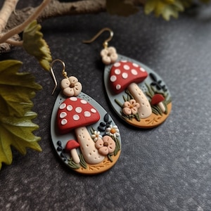 Cute Mushroom Earrings, Dark Cottagecore Jewelry, Goblincore Gifts, Witch Collection, Boho Accessory, Flowers, Fairy, Women's, Clay, Silver