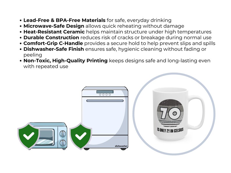 May include: White ceramic mug with a black and gray design featuring the number 70 and the text "IS ONLY 21 IN CELSIUS". The mug is dishwasher safe and has a comfort-grip C-handle.