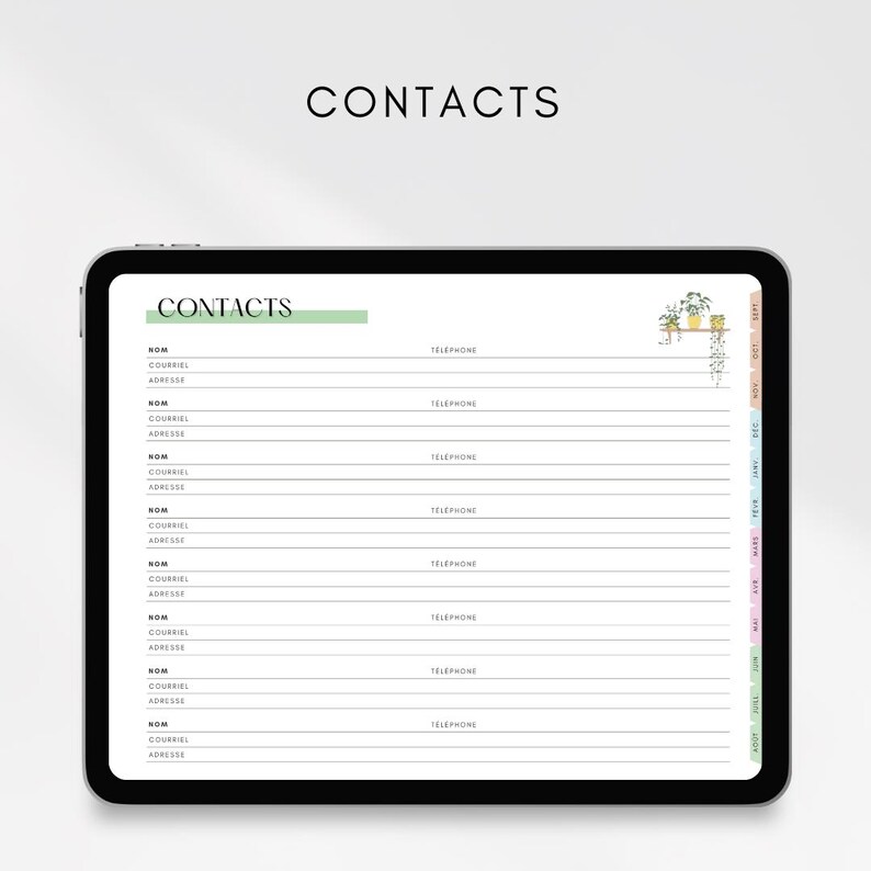 Op de afbeelding: Een digitale tablet met een "CONTACTEN" pagina met velden voor naam, e-mail, adres en telefoonnummer. De pagina heeft een groene kop en een kleine illustratie van planten. Het woord "CONTACTEN" staat ook bovenaan de tablet.