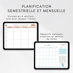 Op de afbeelding: Twee digitale tablets met een planner en een kalender. De planner toont een raster met onderwerptitels en de tekst "PLANIFICATION SEMESTRIELLE ET MENSUELLE". De kalender heeft een blauw en wit ontwerp met het woord "CALENDRIER".