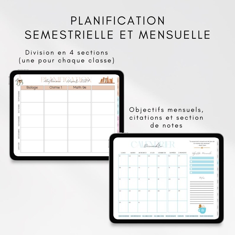 Op de afbeelding: Twee digitale tablets met een planner en een kalender. De planner toont een raster met onderwerptitels en de tekst "PLANIFICATION SEMESTRIELLE ET MENSUELLE". De kalender heeft een blauw en wit ontwerp met het woord "CALENDRIER".